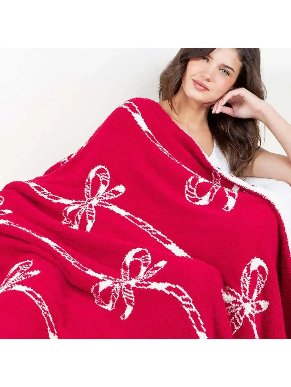 Christmas Candy Cane Bow Throw Blanket Super Soft Plush 50x60 Red